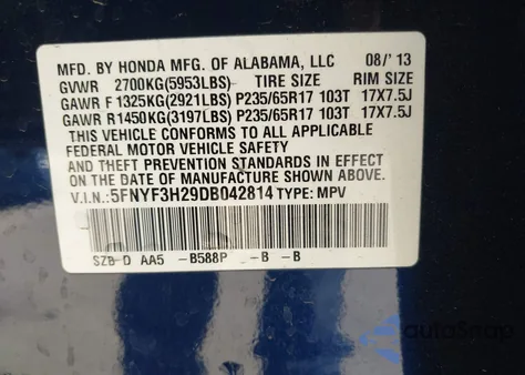 2013 Honda Pilot Lx z USA, uszkodzony, nr VIN 5FNYF3H29DB042814